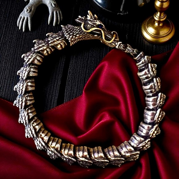 Bold Silver and Brass Toned Ouroboros Blue Eyed Dragon Bracelet 8.5” - Picture 1 of 17